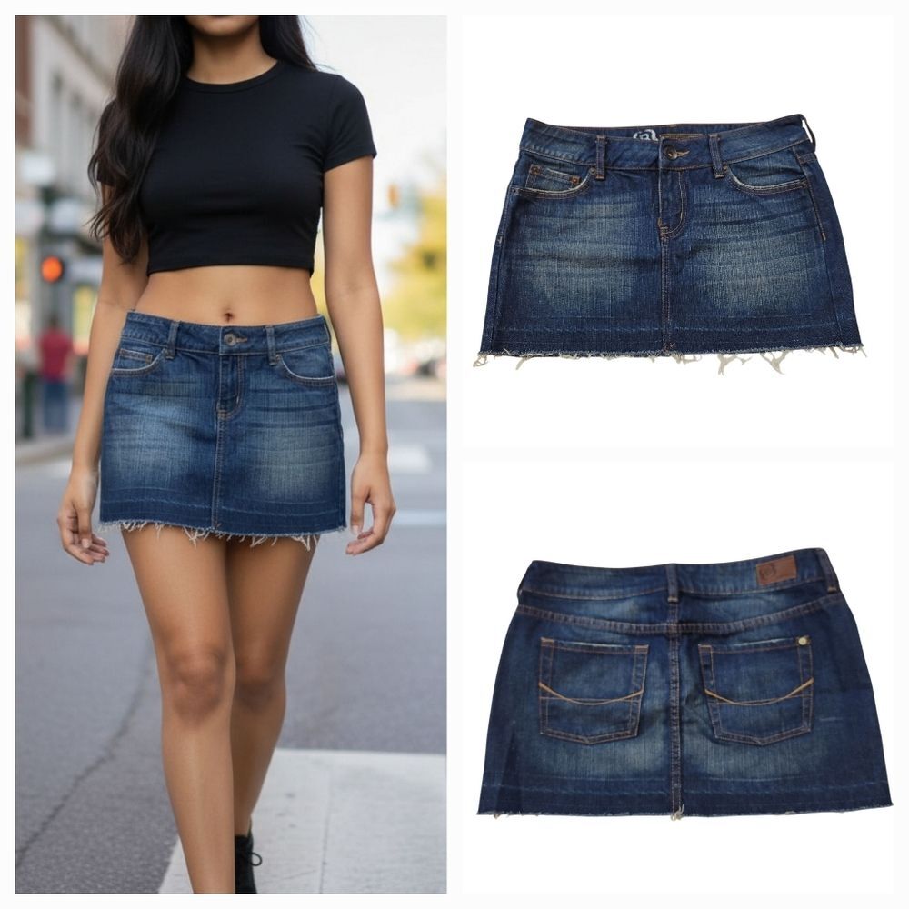 NEW Bullhead Denim Dark Wash Distressed Raw Hem Low Rise Mini Short Skirt Size 3